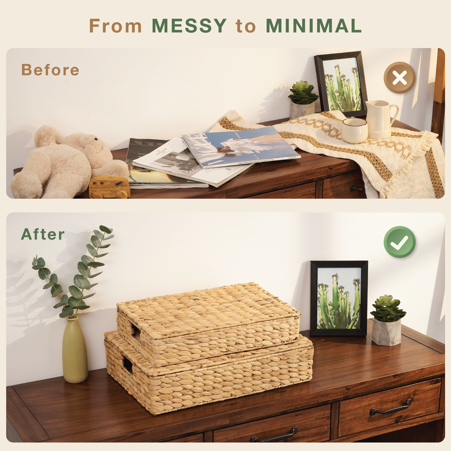 Set of 2 Wicker Baskets with Lid for Organizing