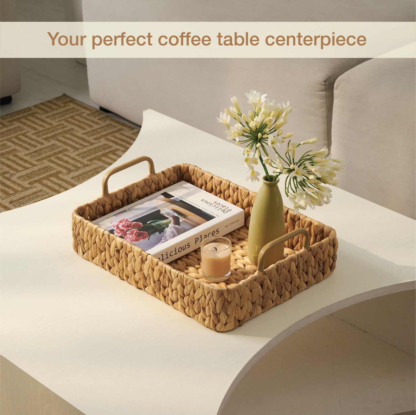 Set of 2 Rectangular Wicker Trays with Handles