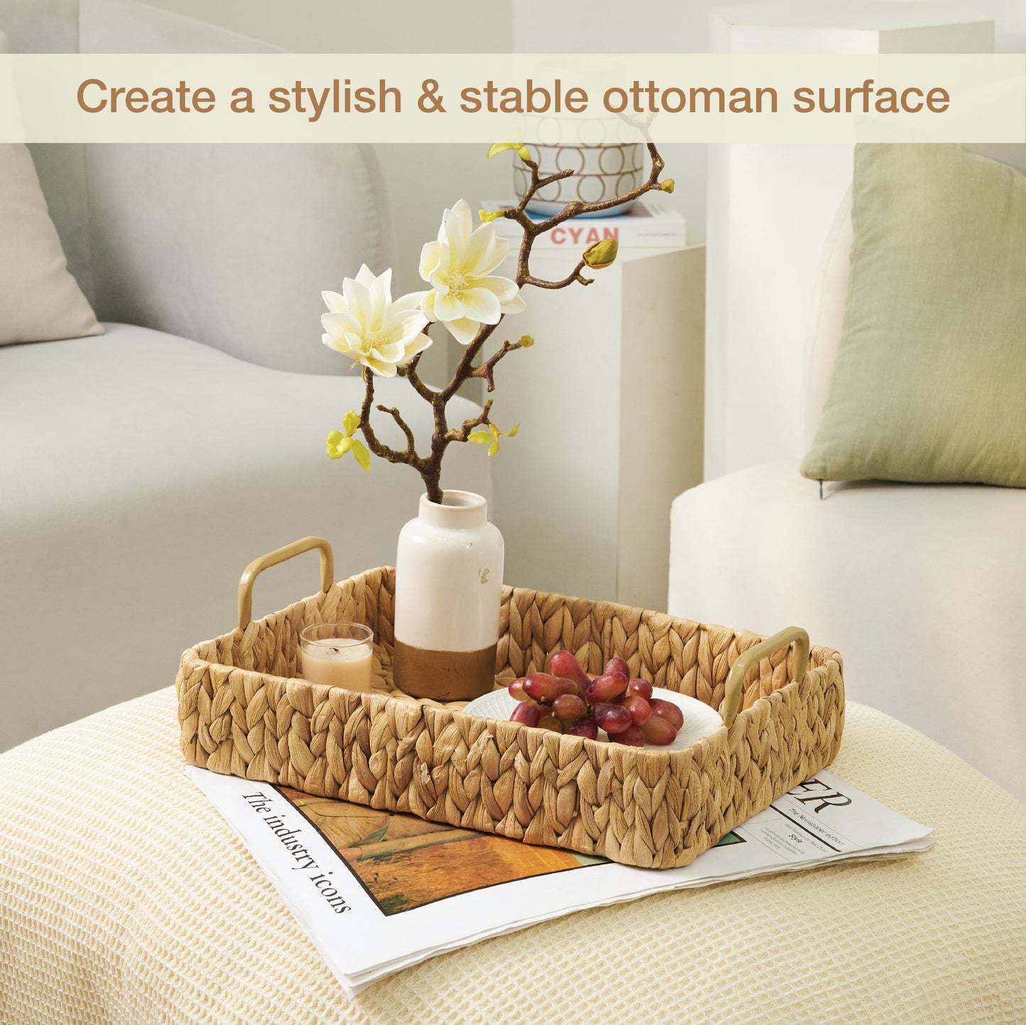 Set of 2 Rectangular Wicker Trays with Handles